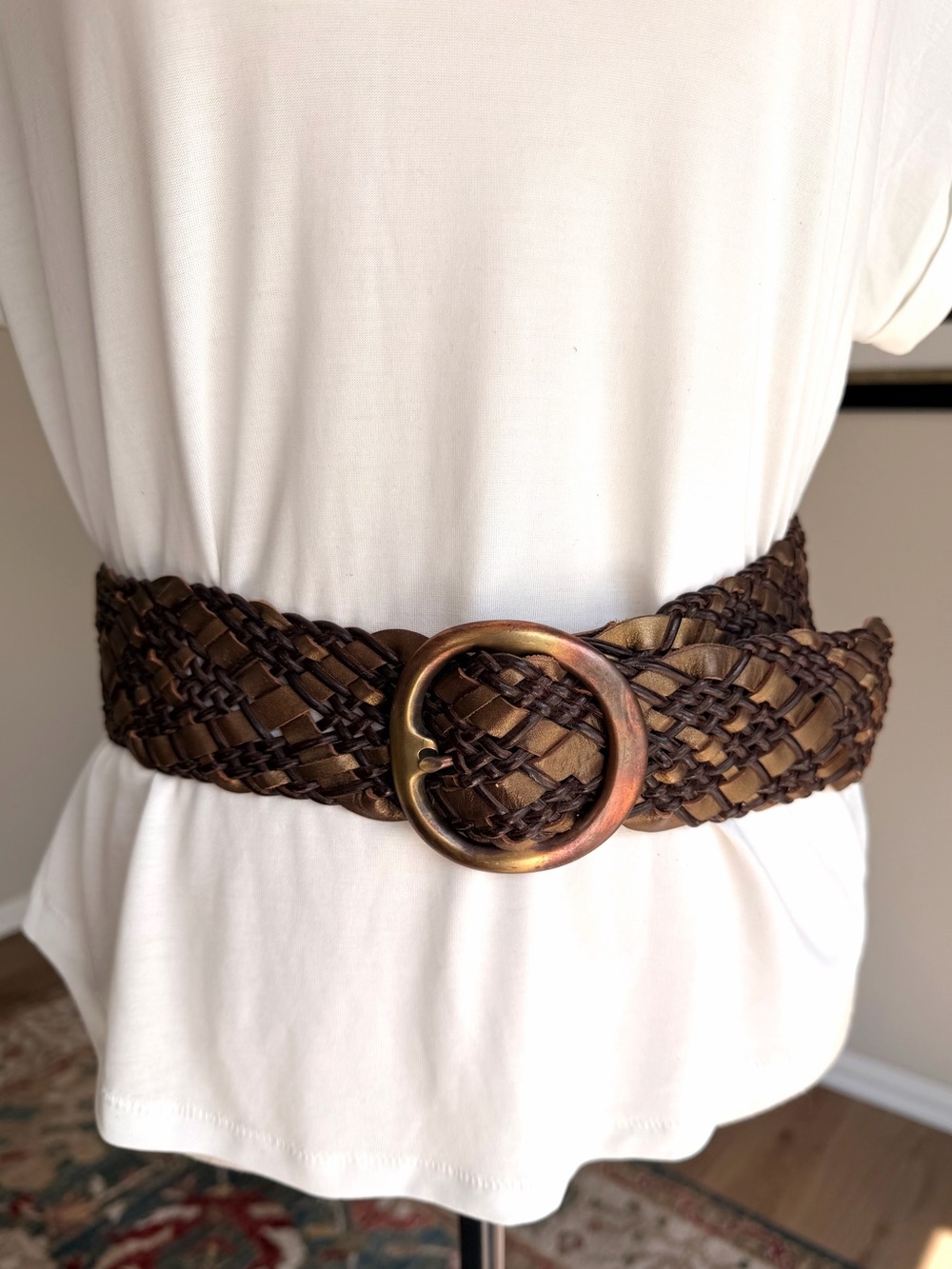 Nine West M/L Brown Bronze Genuine Leather Wide Braided Boho Belt